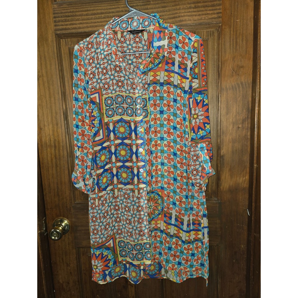 Multiples Womens Geometric Mosaic Print Roll Tab Sleeve Button Front Tunic Small